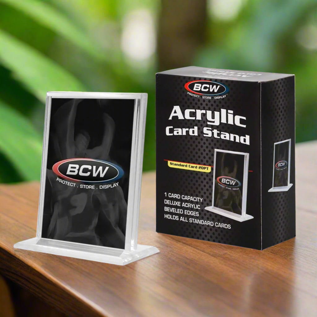 A vertical acrylic card stand display with a wide stable base and beveled edges, alongside its packaging which states 'Buy 3 get one free'.