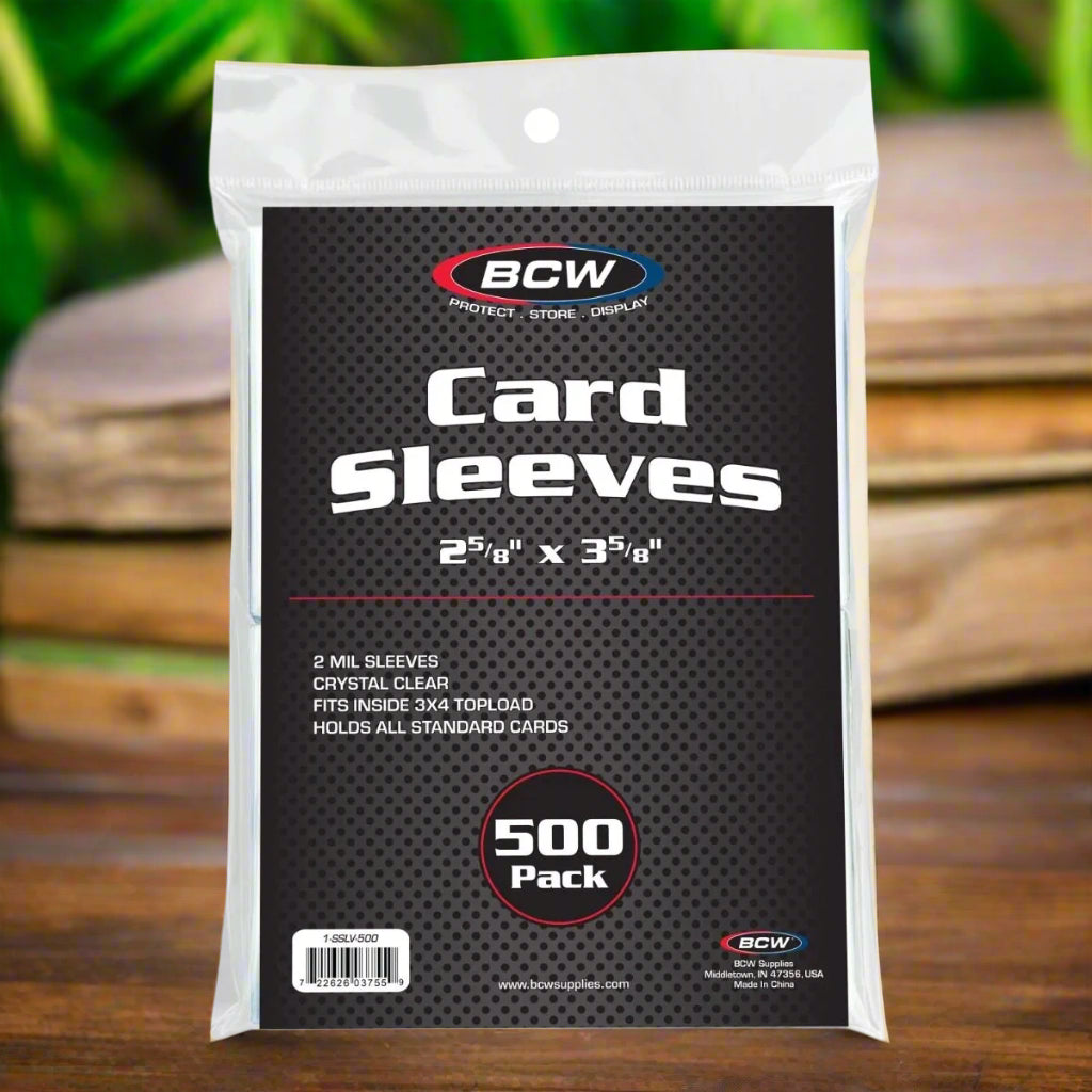 Pack of BCW card sleeves with clear packaging on a white background